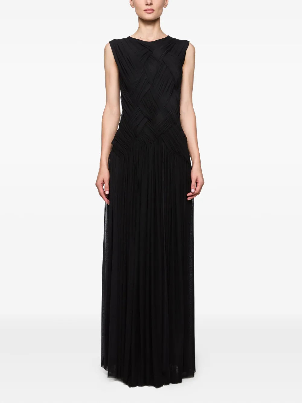 Atu Body Couture Cross Panel Pleated Maxi Dress — Black — Size XS — Front View