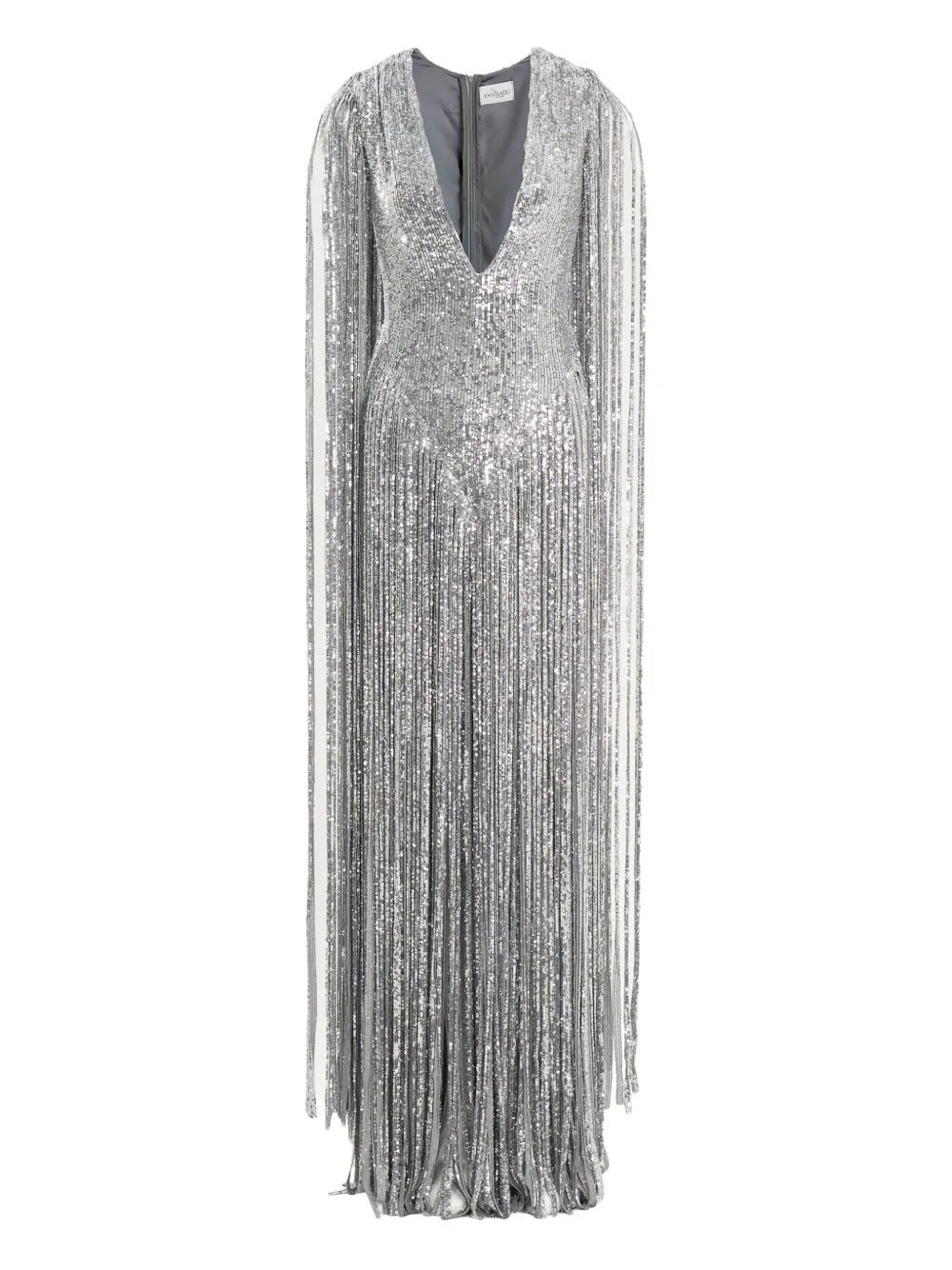 Ana Radu Sequin Embellishment Fringed Maxi Dress — Silver — Size XS — Front View