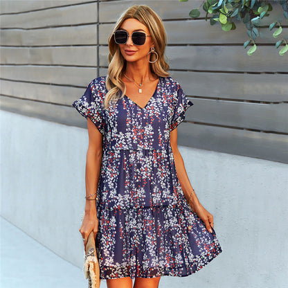 Women Ruffle Loose Short Dress — Blue — Size L — Top View